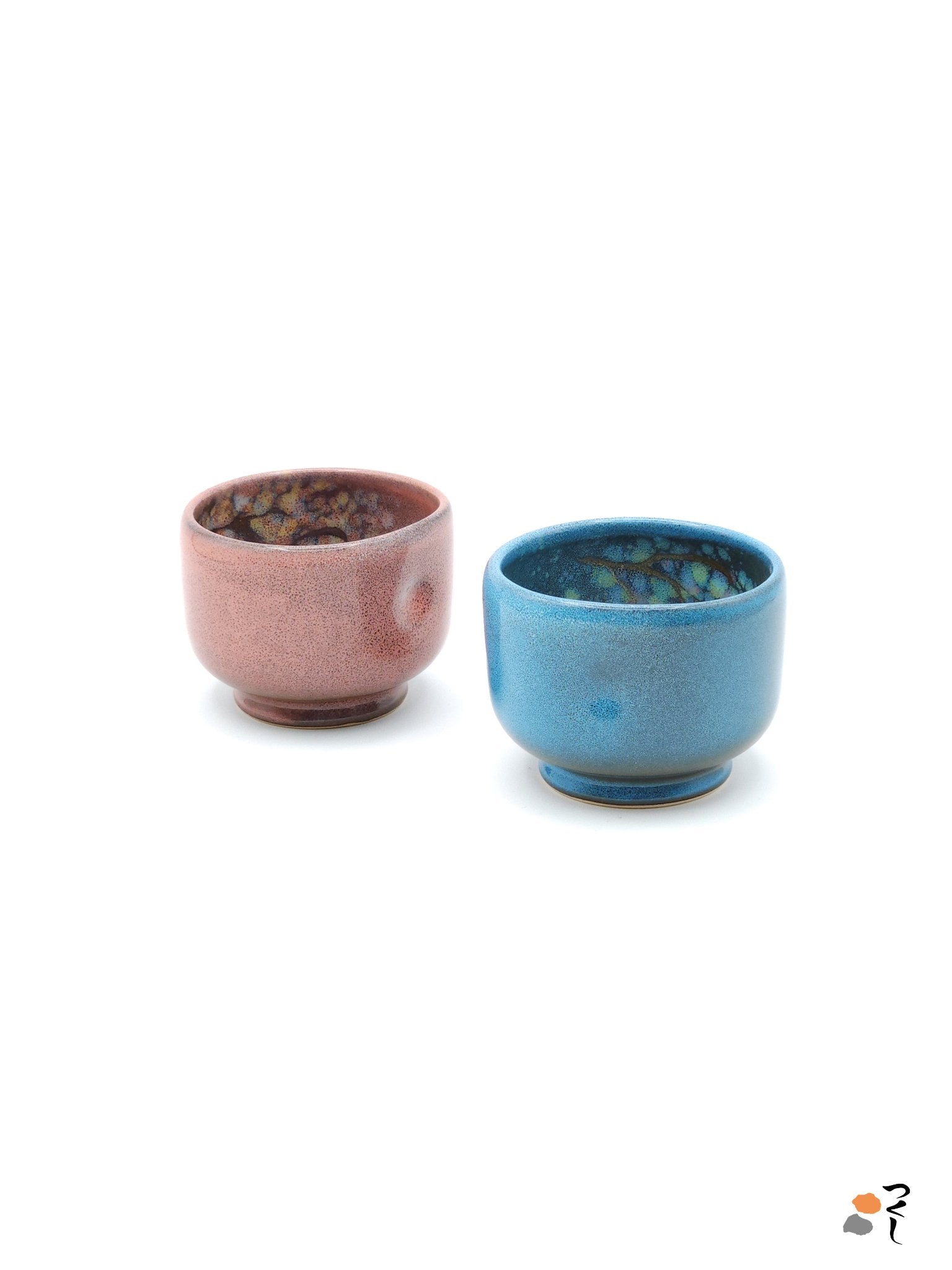 Authentic Japanese pottery teacup with tree pattern decoration. blue color.  (pink and blue pair view 1).