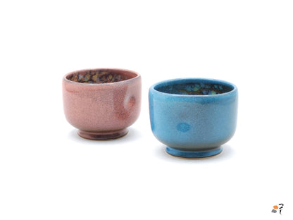 Authentic Japanese pottery teacup with tree pattern decoration. blue color.  (pink and blue pair view 2).