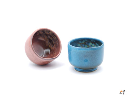 Authentic Japanese pottery teacup with tree pattern decoration. blue color.  (pink and blue pair view 3).