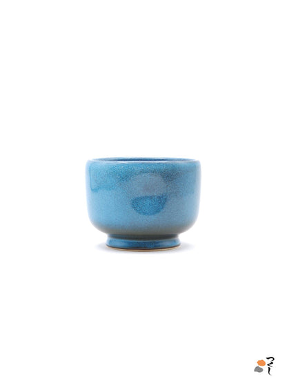 Authentic Japanese pottery teacup with tree pattern decoration. blue color. (side view 1).