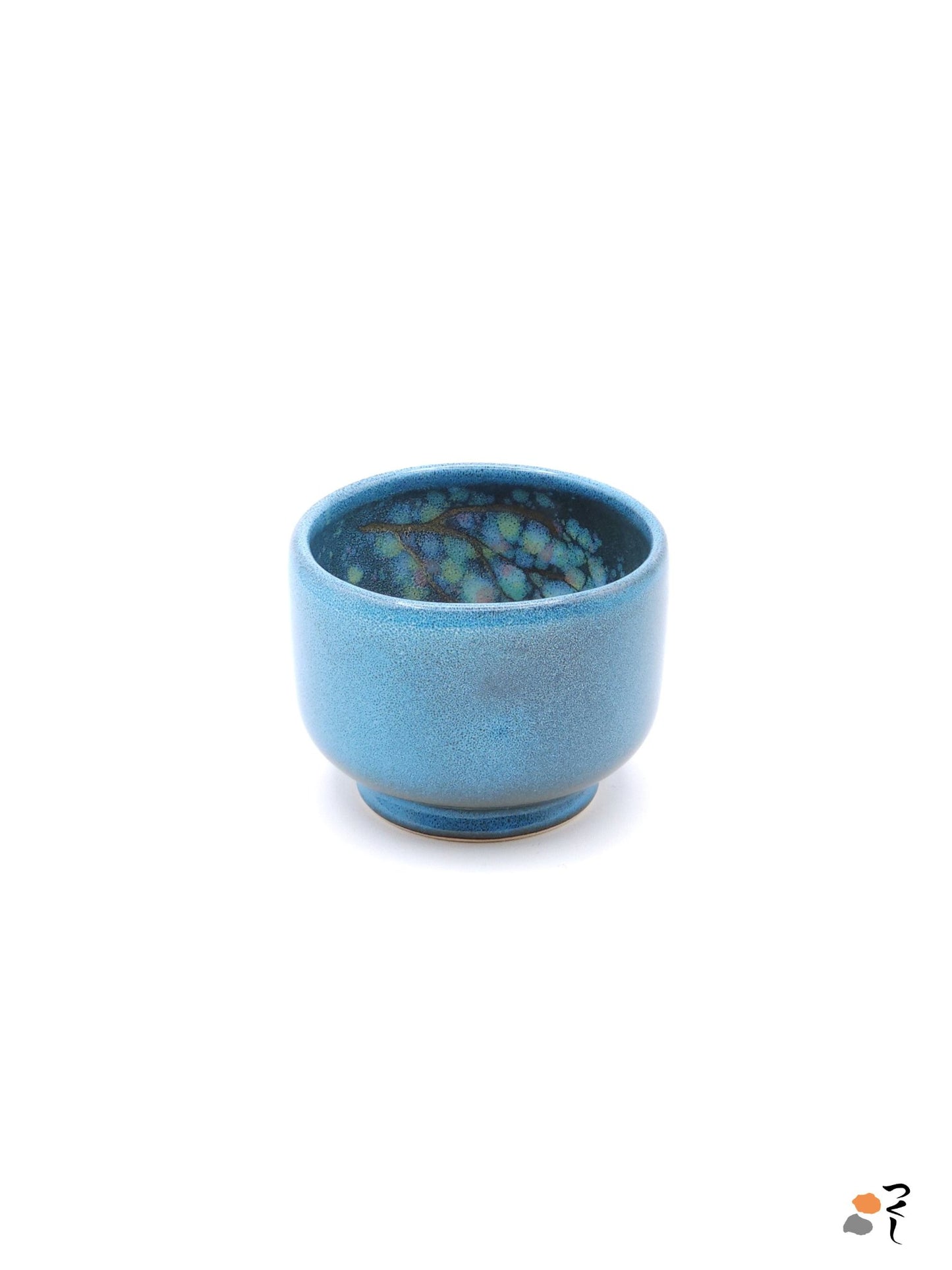 Authentic Japanese pottery teacup with tree pattern decoration. blue color. (side view 3).