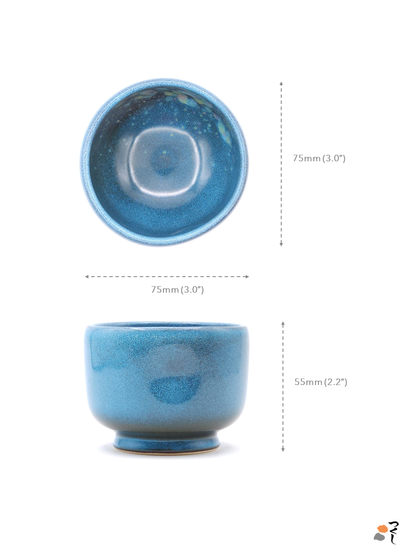 Authentic Japanese pottery blue color teacup with tree pattern decoration. The image indicates the size of the teacup (75mm wide and 55mm high).