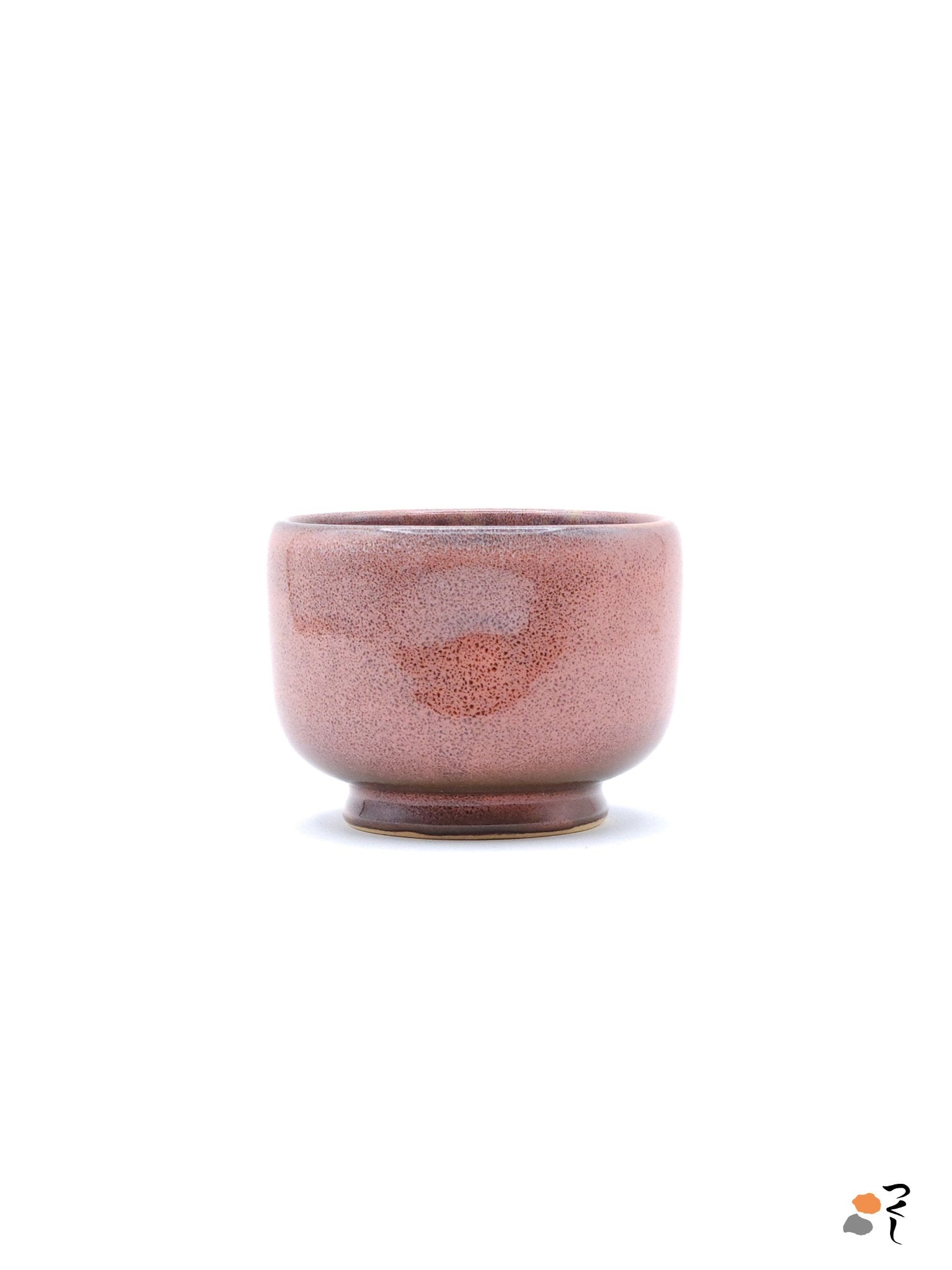 Authentic Japanese pottery teacup with tree pattern decoration. pink color. (side view 1).