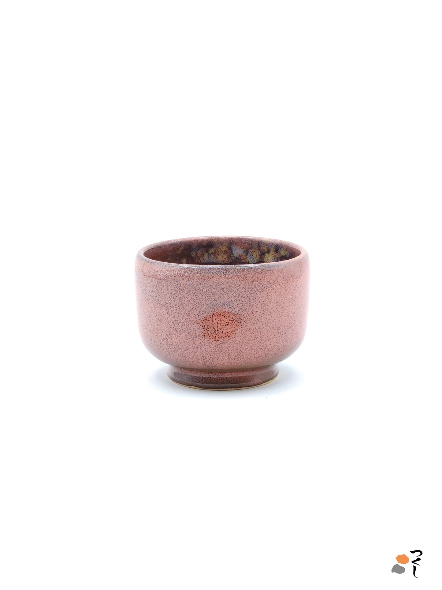 Authentic Japanese pottery teacup with tree pattern decoration. pink color. (side view 2).