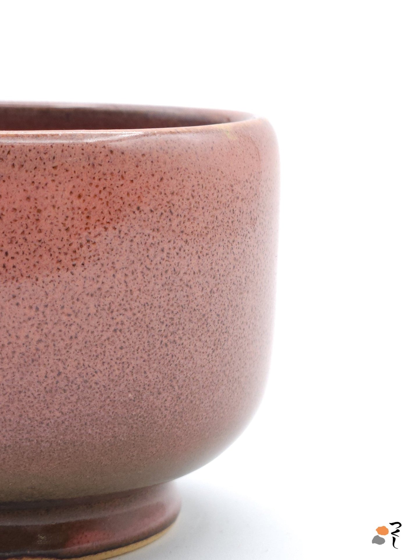 Authentic Japanese pottery teacup with tree pattern decoration. pink color.  (side detail view 1).