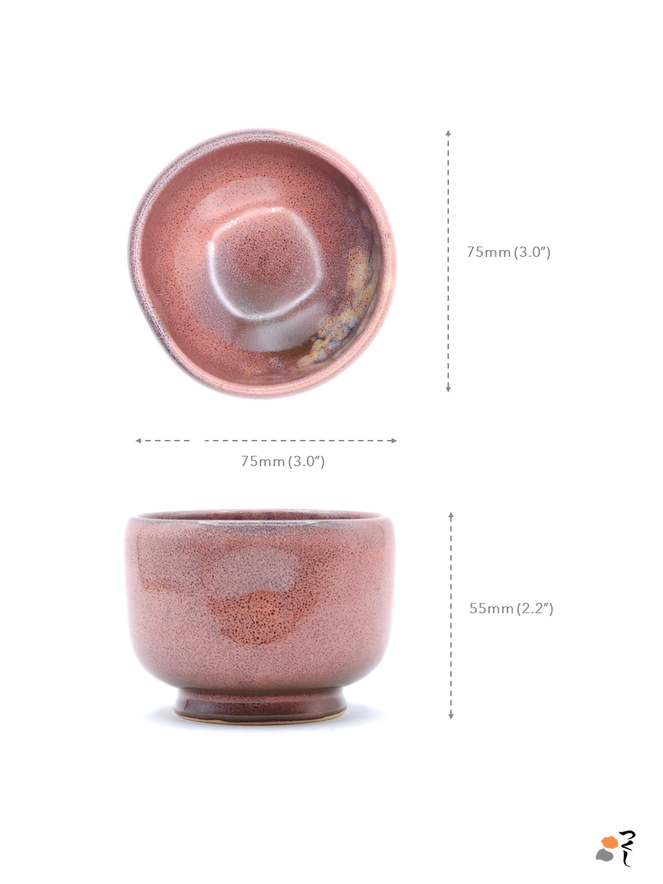 Authentic Japanese pottery teacup pink color with tree pattern decoration. The image indicates the size of the teacup (75mm wide and 55mm high).