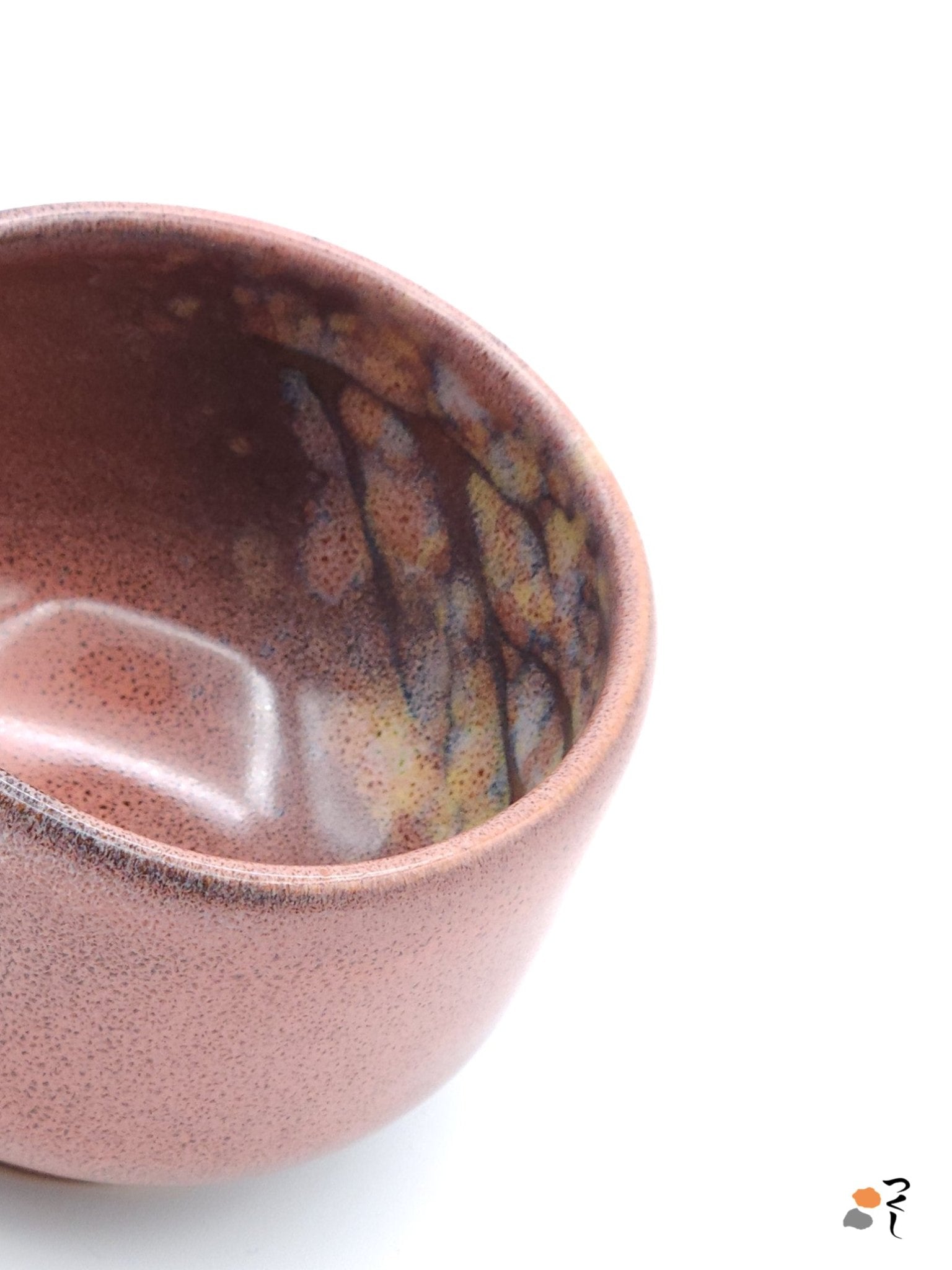 Authentic Japanese pottery teacup with tree pattern decoration. pink color.  (top detail view 1).