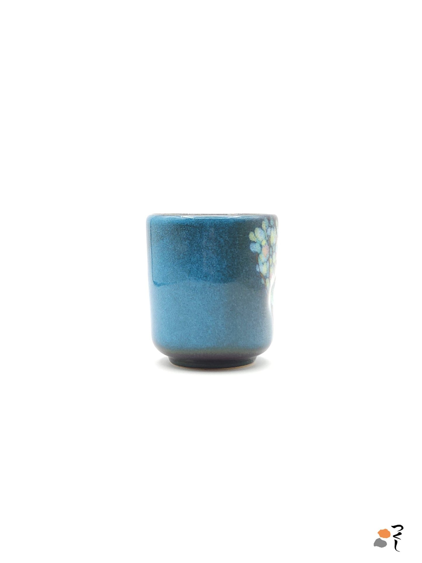 Authentic Japanese pottery teacup tall with tree pattern decoration. blue color. (side view 5).