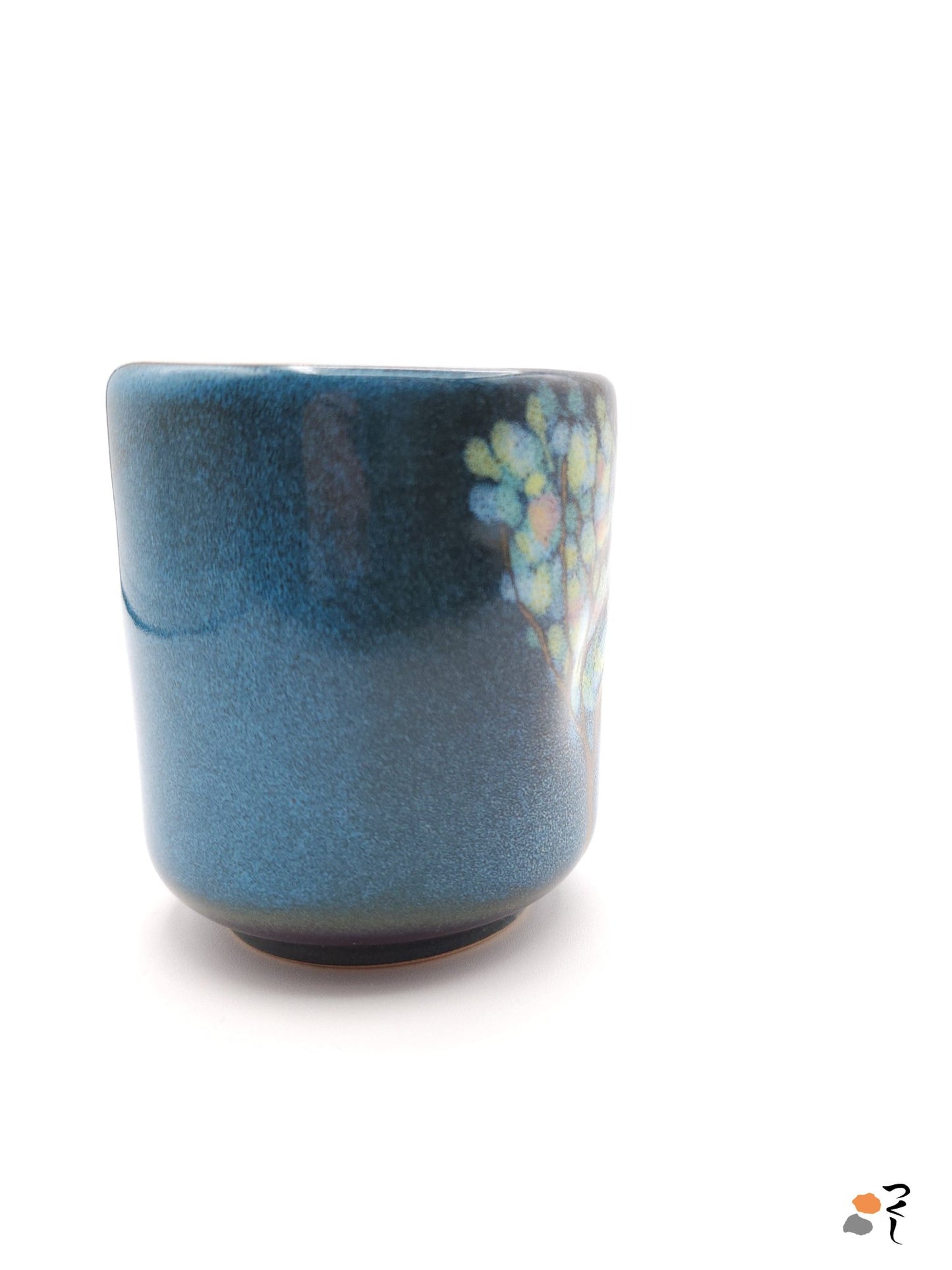 Authentic Japanese pottery teacup tall with tree pattern decoration. blue color.  (side detail view 2).