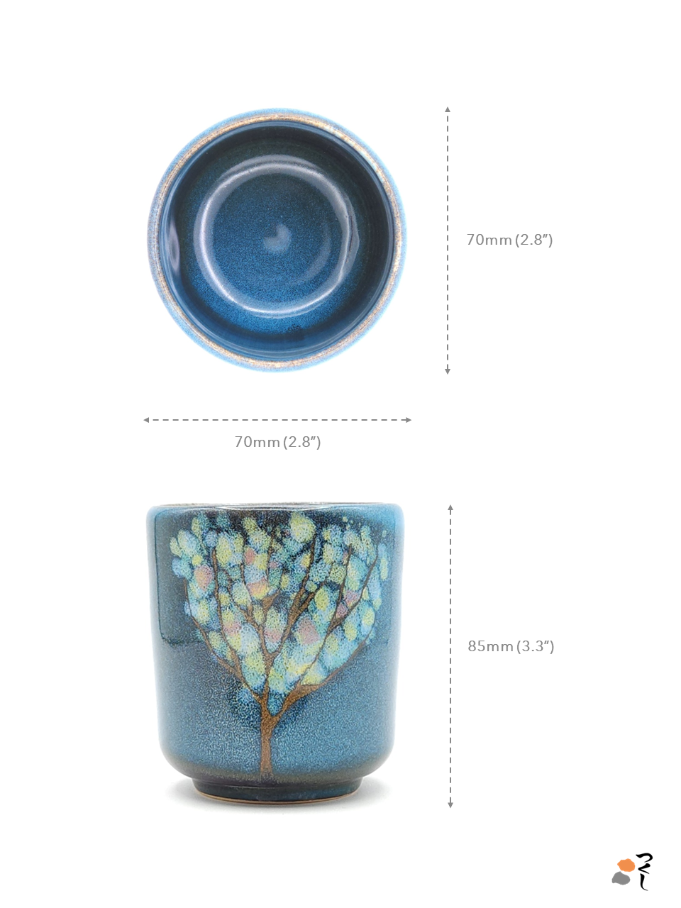 Authentic Japanese pottery teacup tall blue color with tree pattern decoration. The image indicates the size of the teacup (70mm wide and 85mm high).