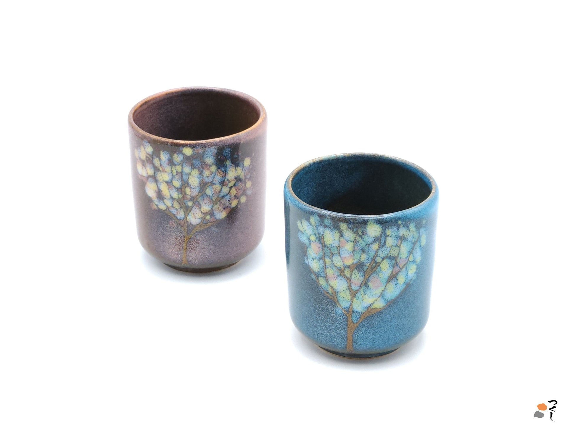 Authentic Japanese pottery teacup tall with tree pattern decoration. blue color.  (pink and blue pair view 2).