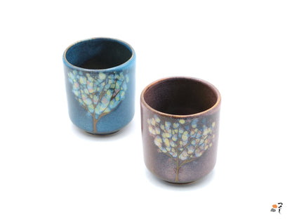 Authentic Japanese pottery teacup tall with tree pattern decoration. pink color.  (pink and blue pair view 4).