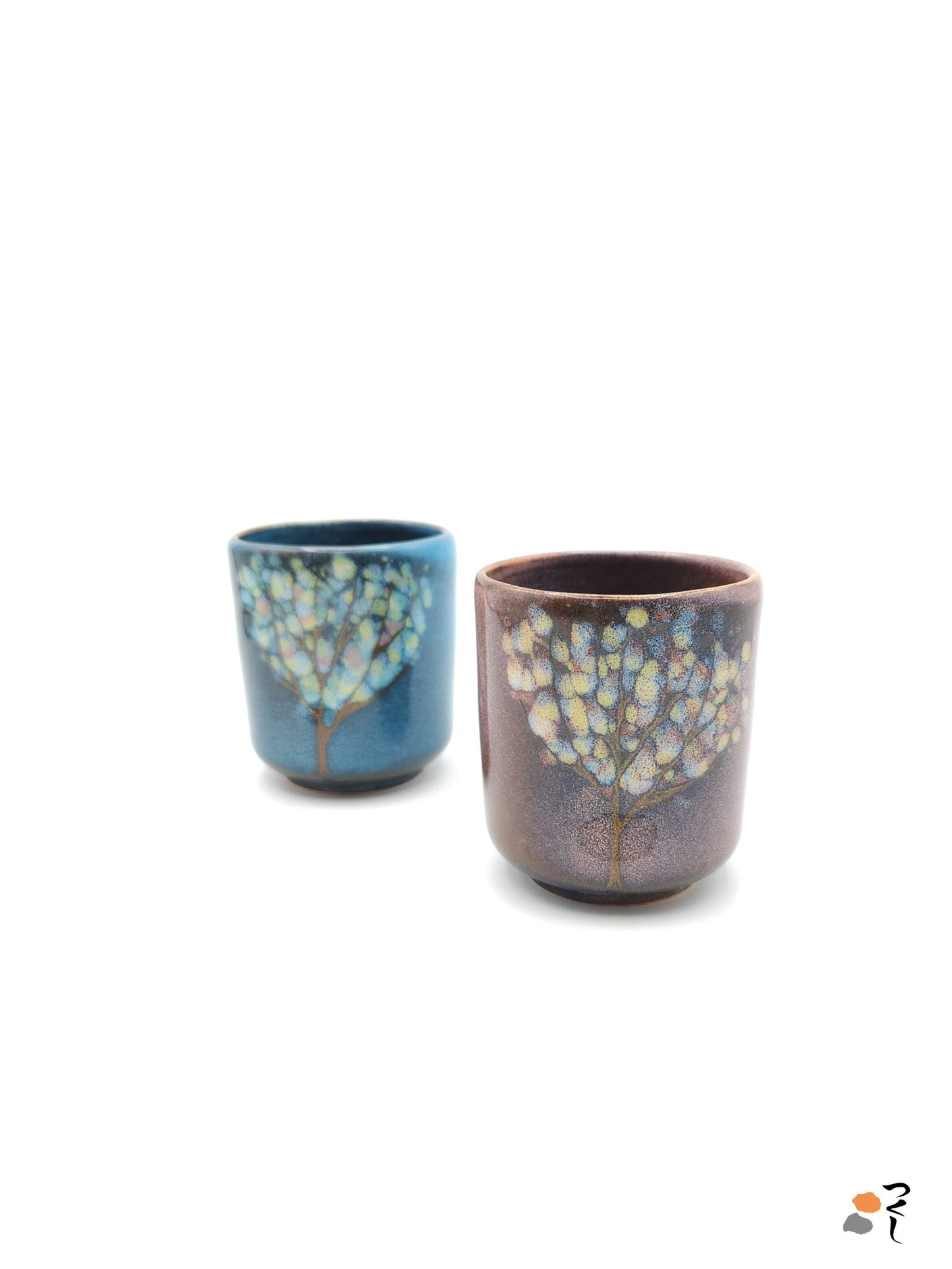 Authentic Japanese pottery teacup tall with tree pattern decoration. pink color.  (pink and blue pair view 5).