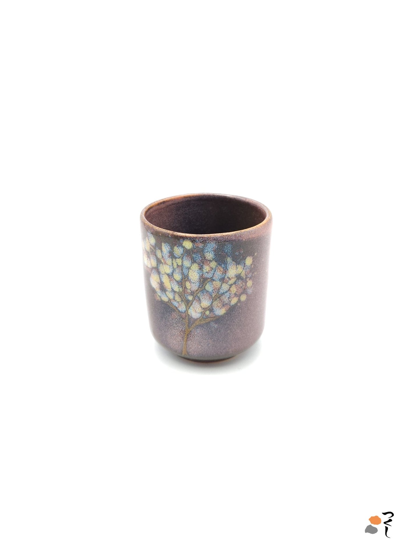 Authentic Japanese pottery teacup tall with tree pattern decoration. pink color. (side view 1).