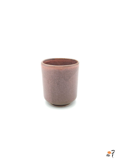 Authentic Japanese pottery teacup tall with tree pattern decoration. pink color. (side view 3).