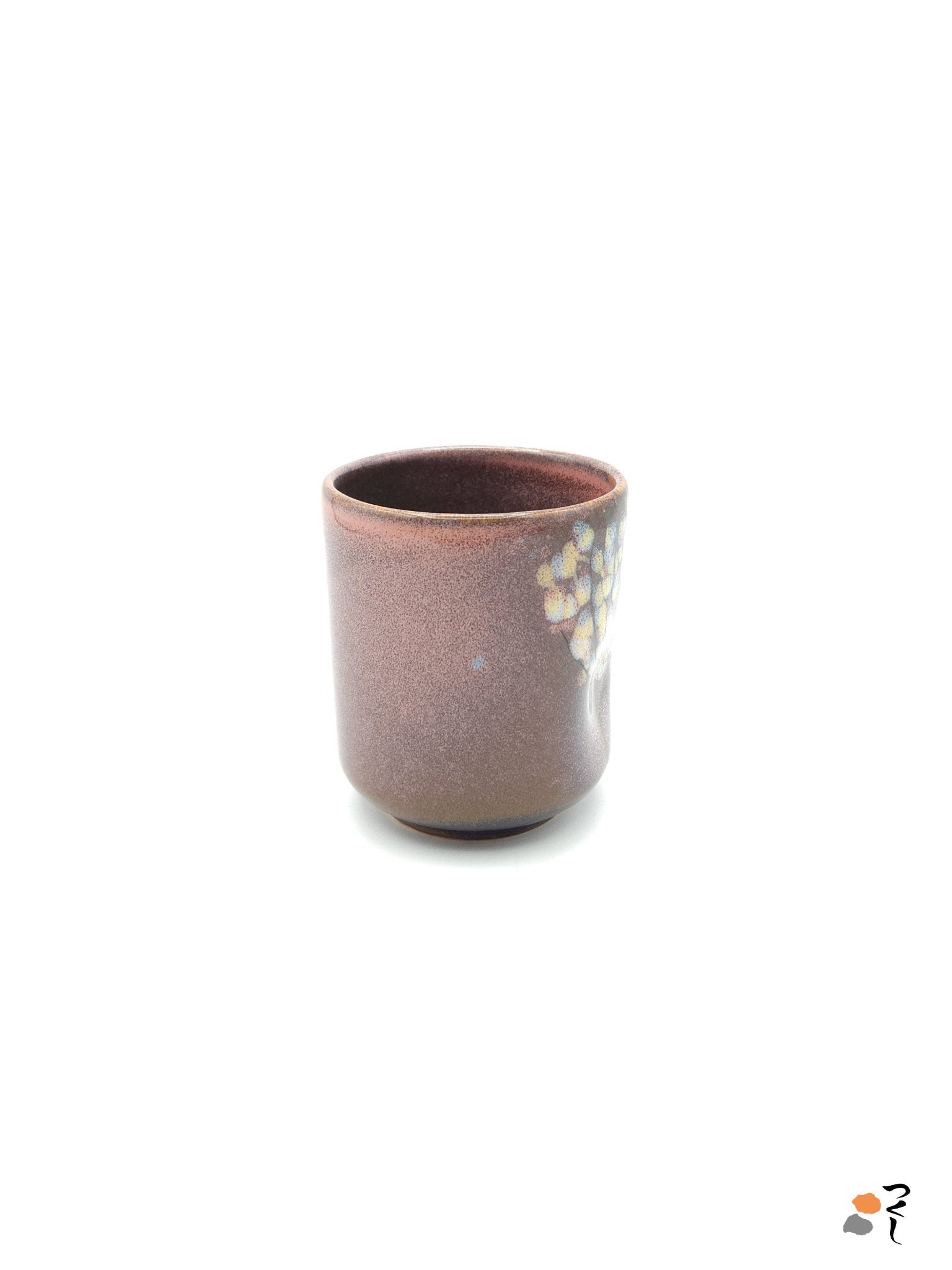 Authentic Japanese pottery teacup tall with tree pattern decoration. pink color. (side view 5).