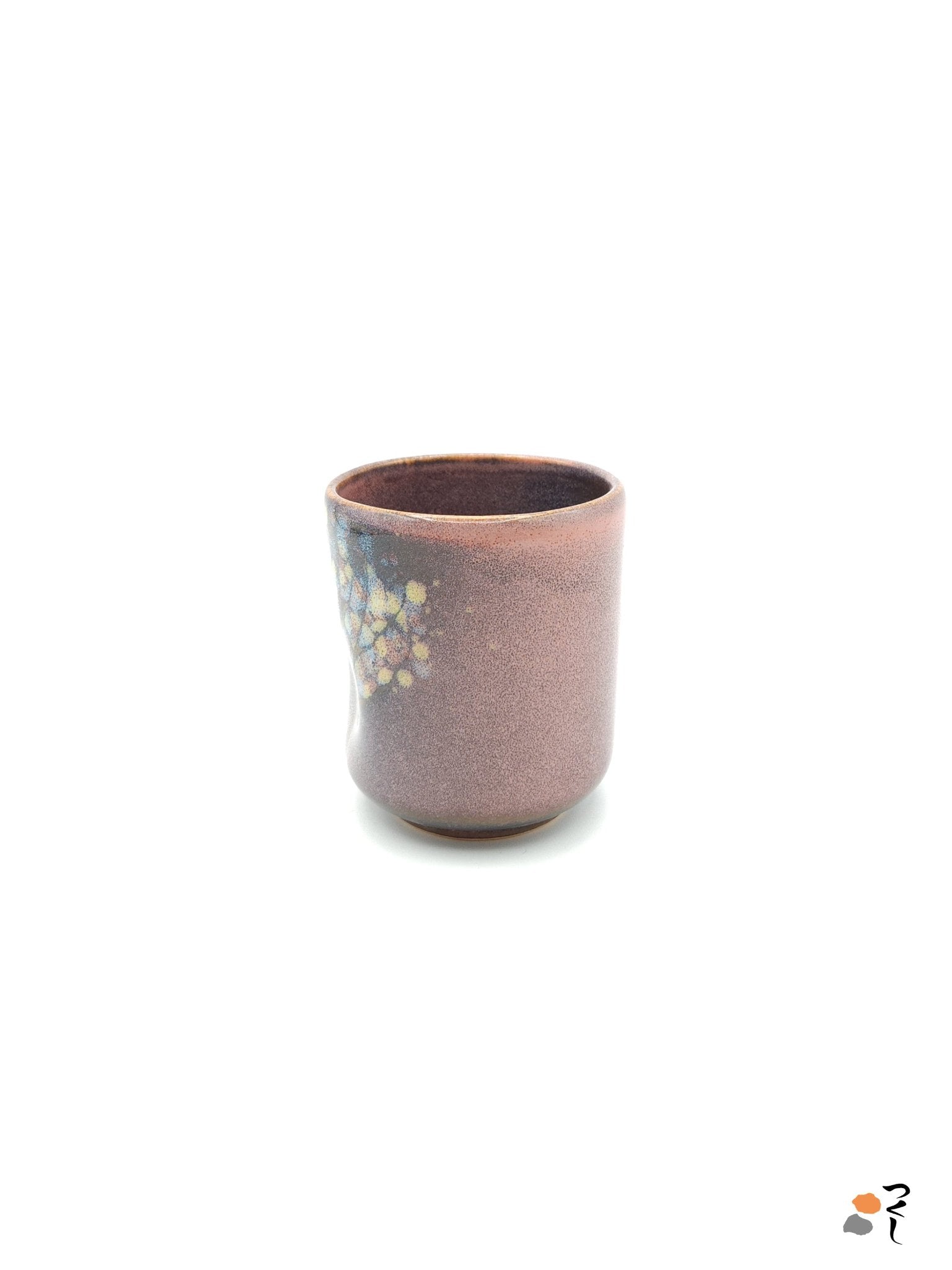 Authentic Japanese pottery teacup tall with tree pattern decoration. pink color. (side view 7).