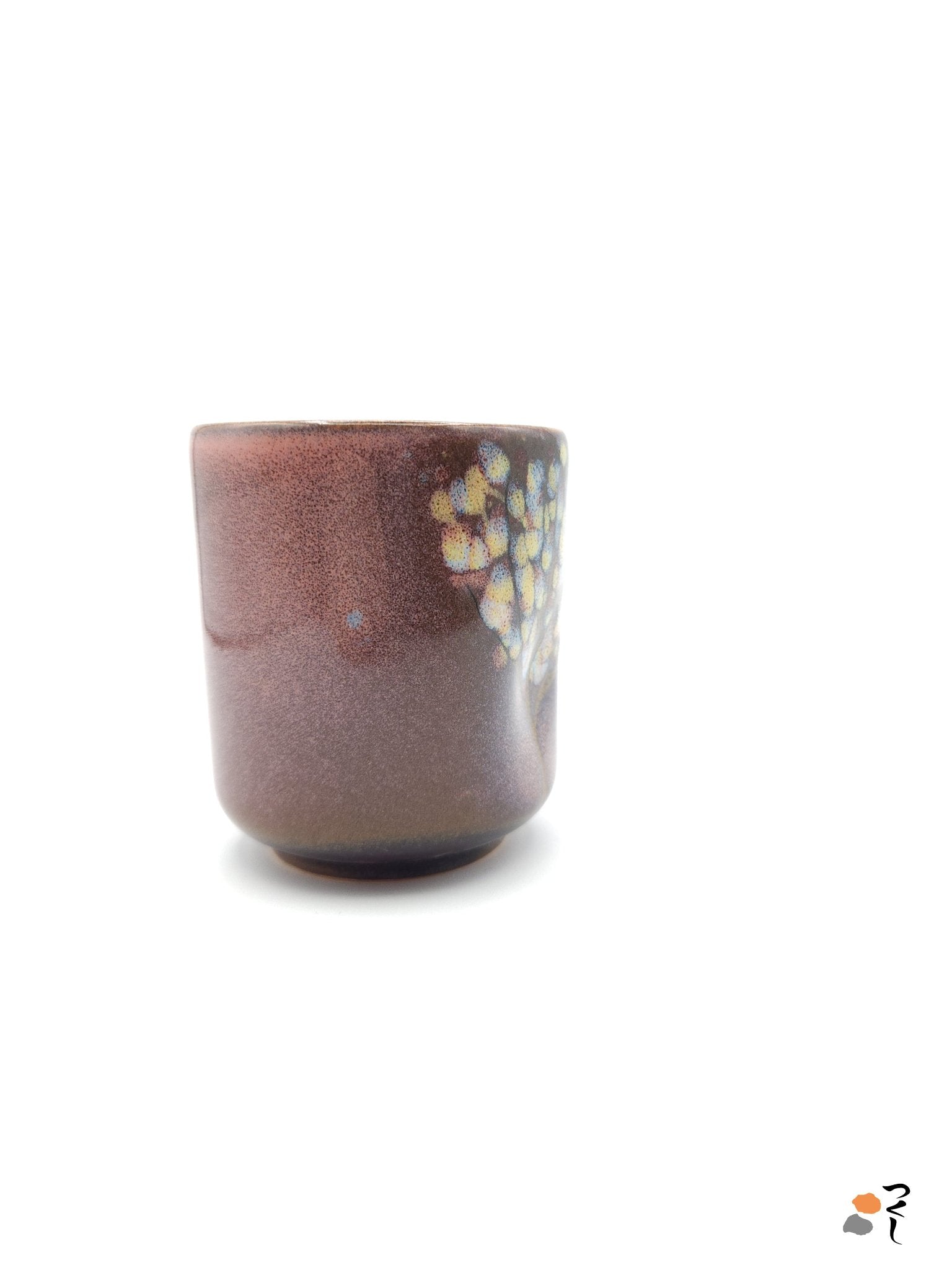 Authentic Japanese pottery teacup tall with tree pattern decoration. pink color. (side view 9).