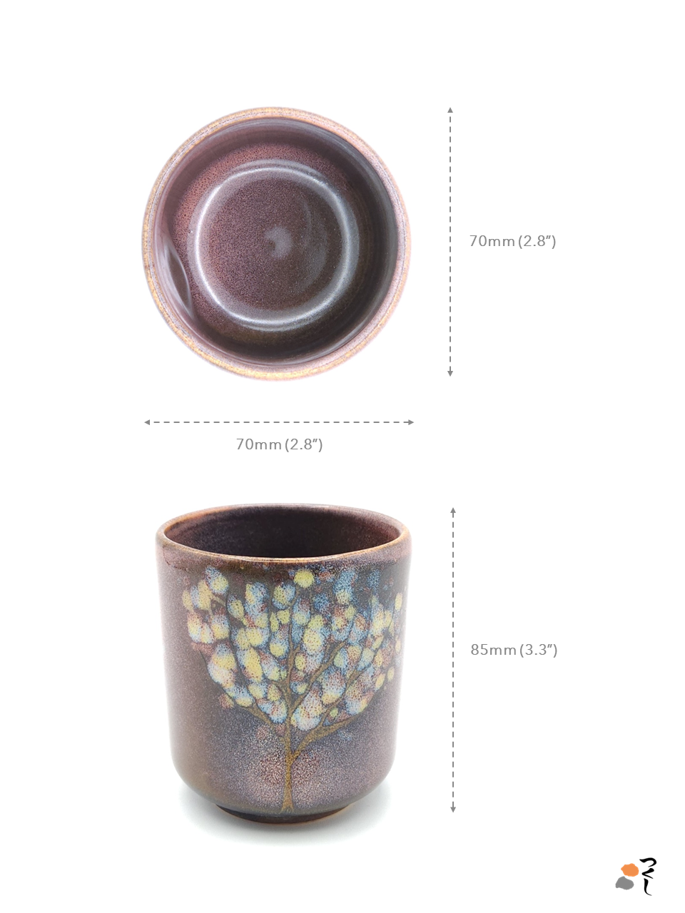 Authentic Japanese pottery teacup tall pink color with tree pattern decoration. The image indicates the size of the teacup (70mm wide and 85mm high).