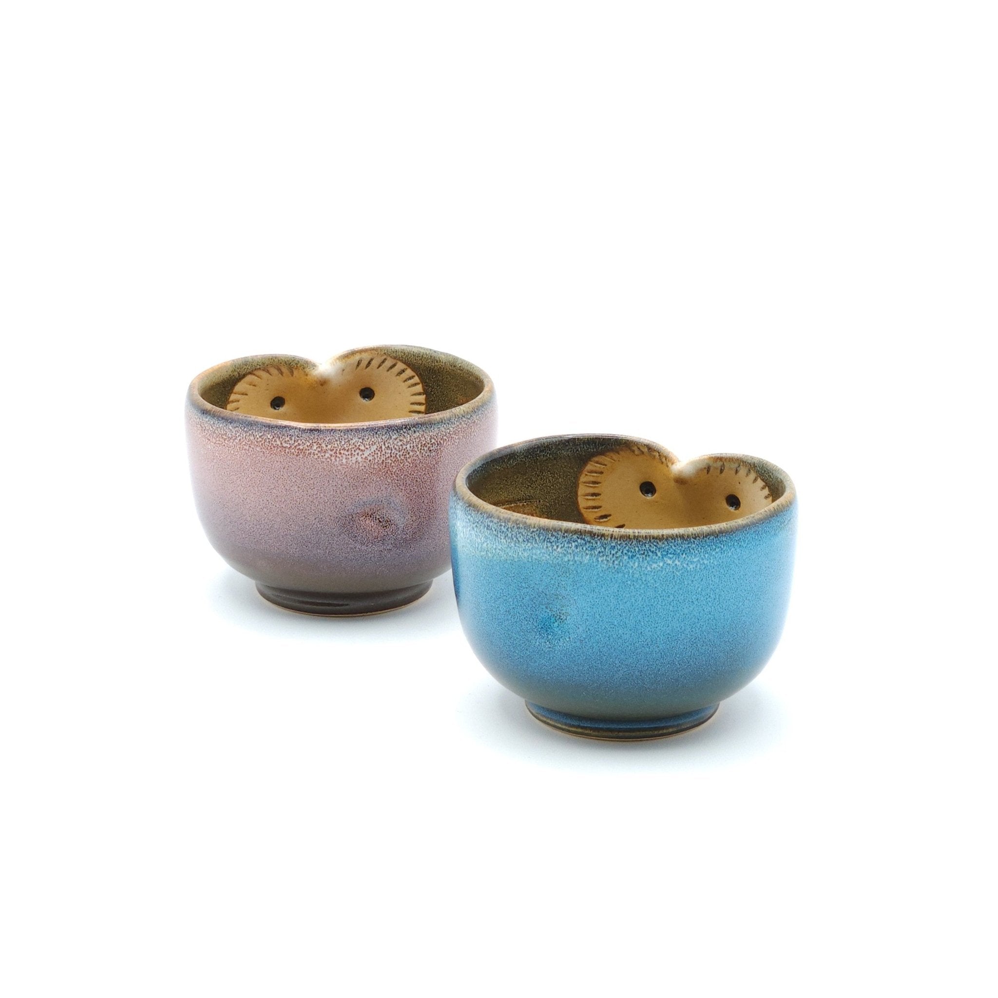 Pair of Japanese blue and pink Teacup made of pottery with an Owl motif. 2

