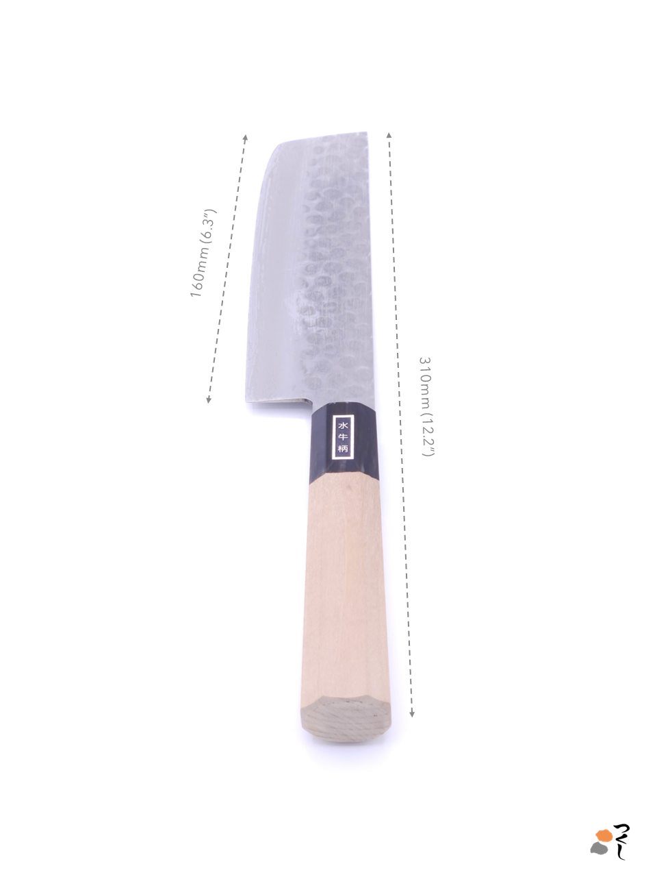 Japanese vegetable Knife Nakiri, light color wooden handle made with AUS-10 steel. Size indication