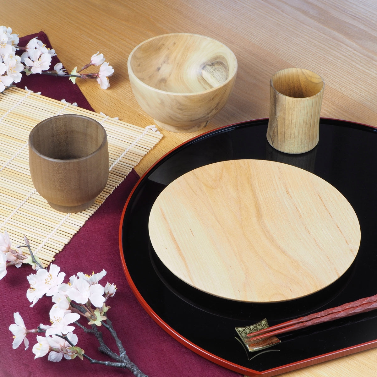 Japanese Wooden Mug, plate, sake cup and bowl with life style, Tsukushi