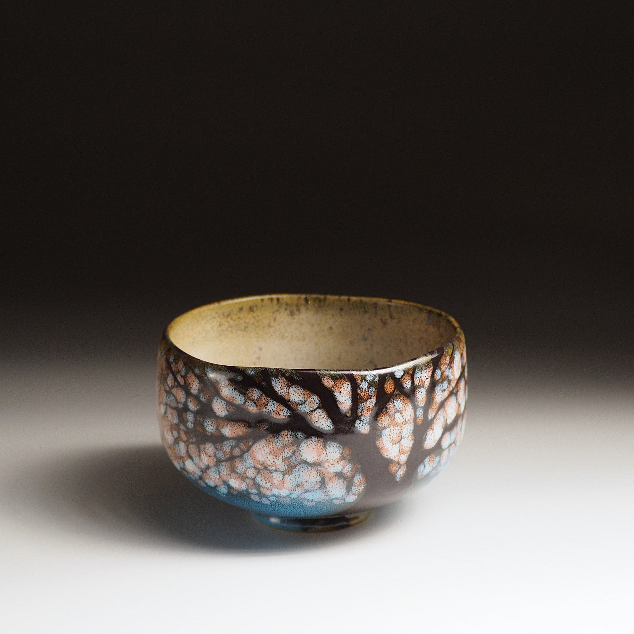 A side view of a Japanese ceramic matcha bowl, adorned with cherry blossoms and a tranquil lake, set against a black background. Tsukushi.