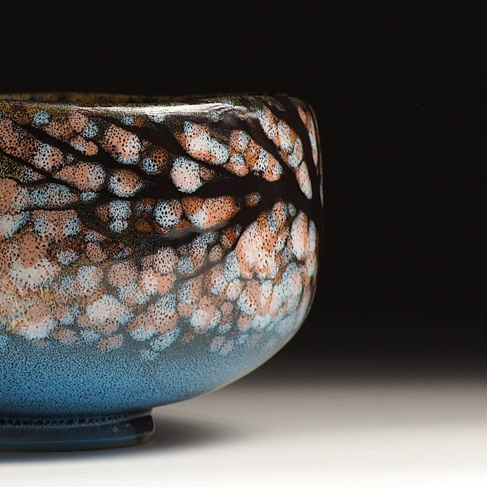A close-up of a Japanese ceramic matcha bowl with cherry blossoms surface on a dark background. Tsukushi