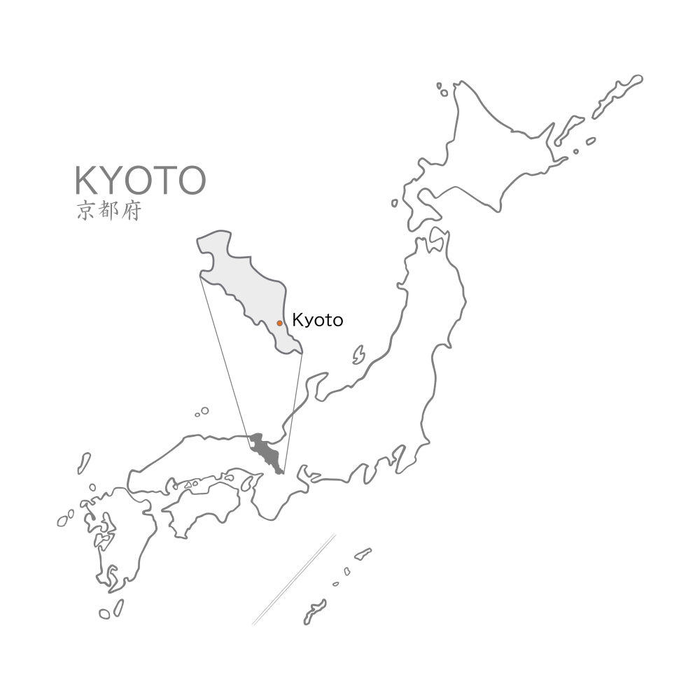 Map of Japan highlighting Kyoto with a black outline on a white background. Tsukushi