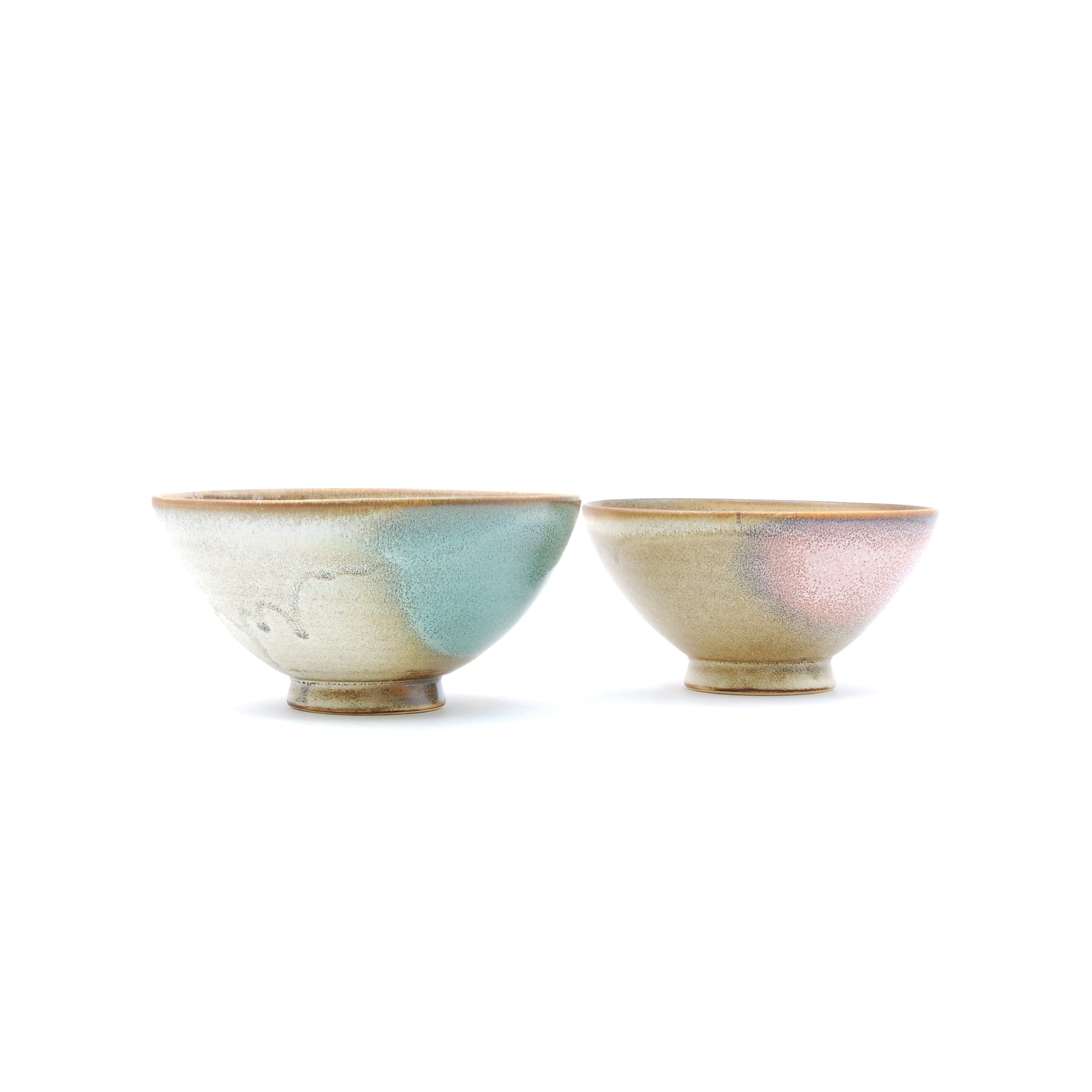 side view of 2 Japanese pottery rice bowls  