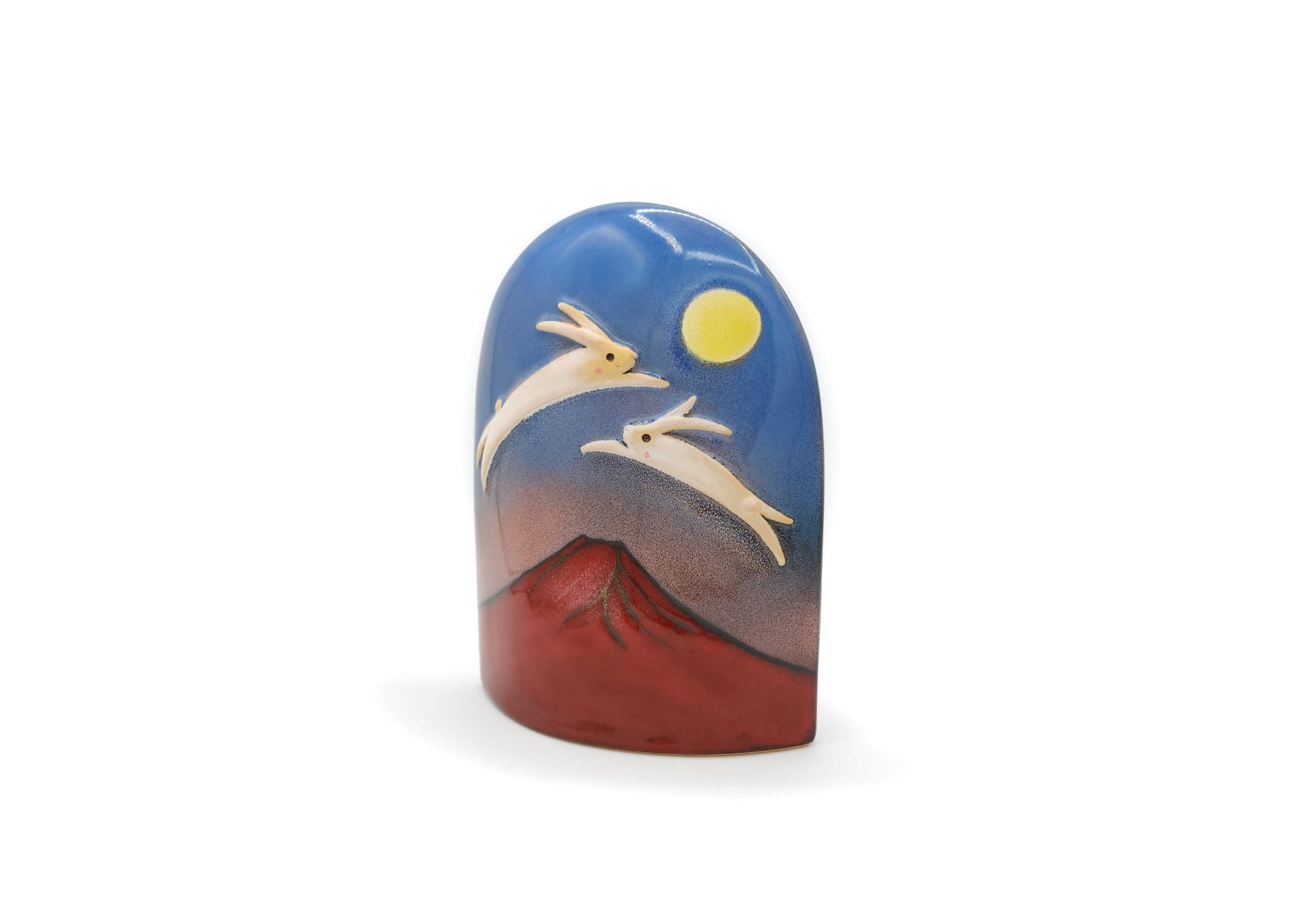 Japanese pottery ornament with moon, rabbit and Mt. Fuji
