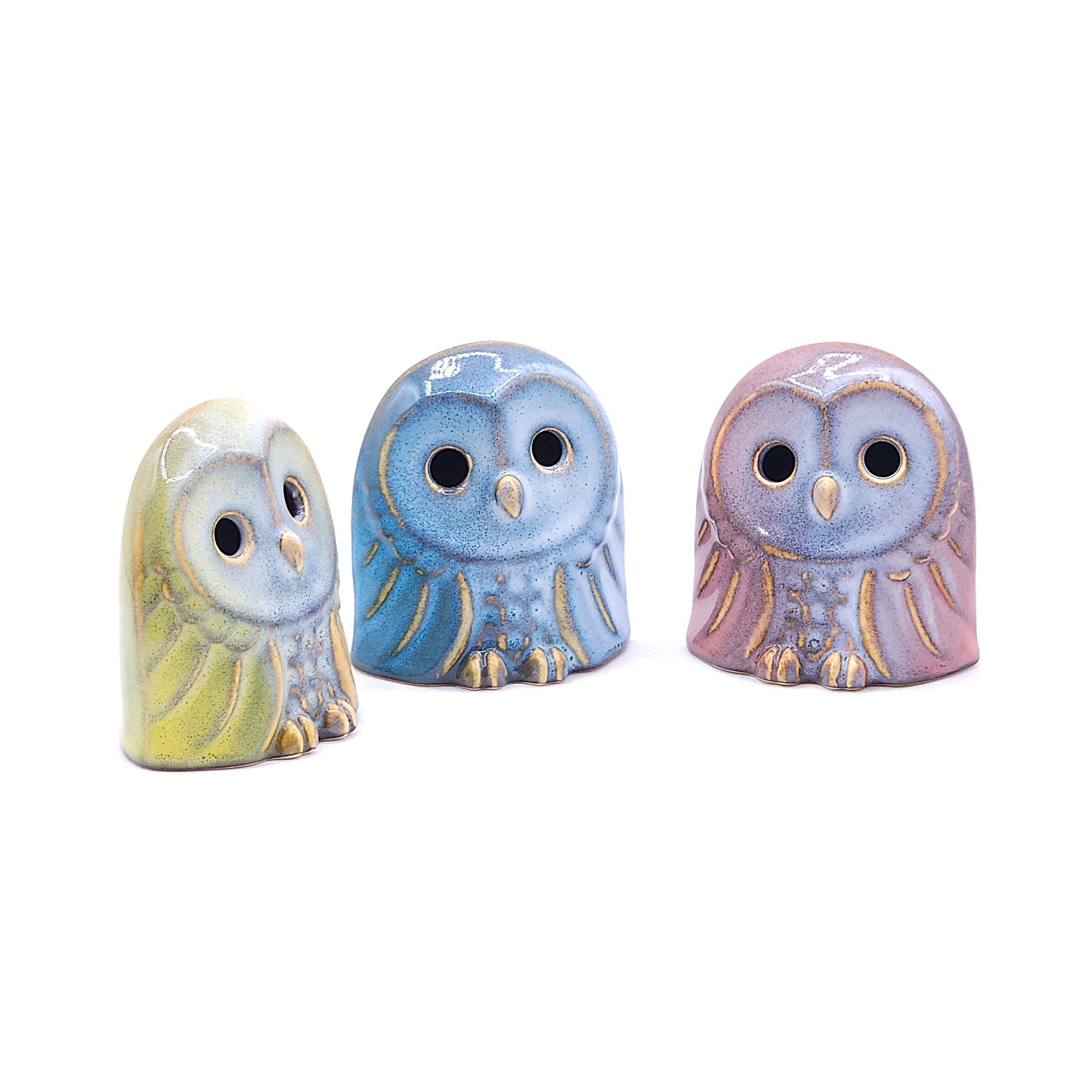 Set of 3 Japanese Pottery owl figurines 