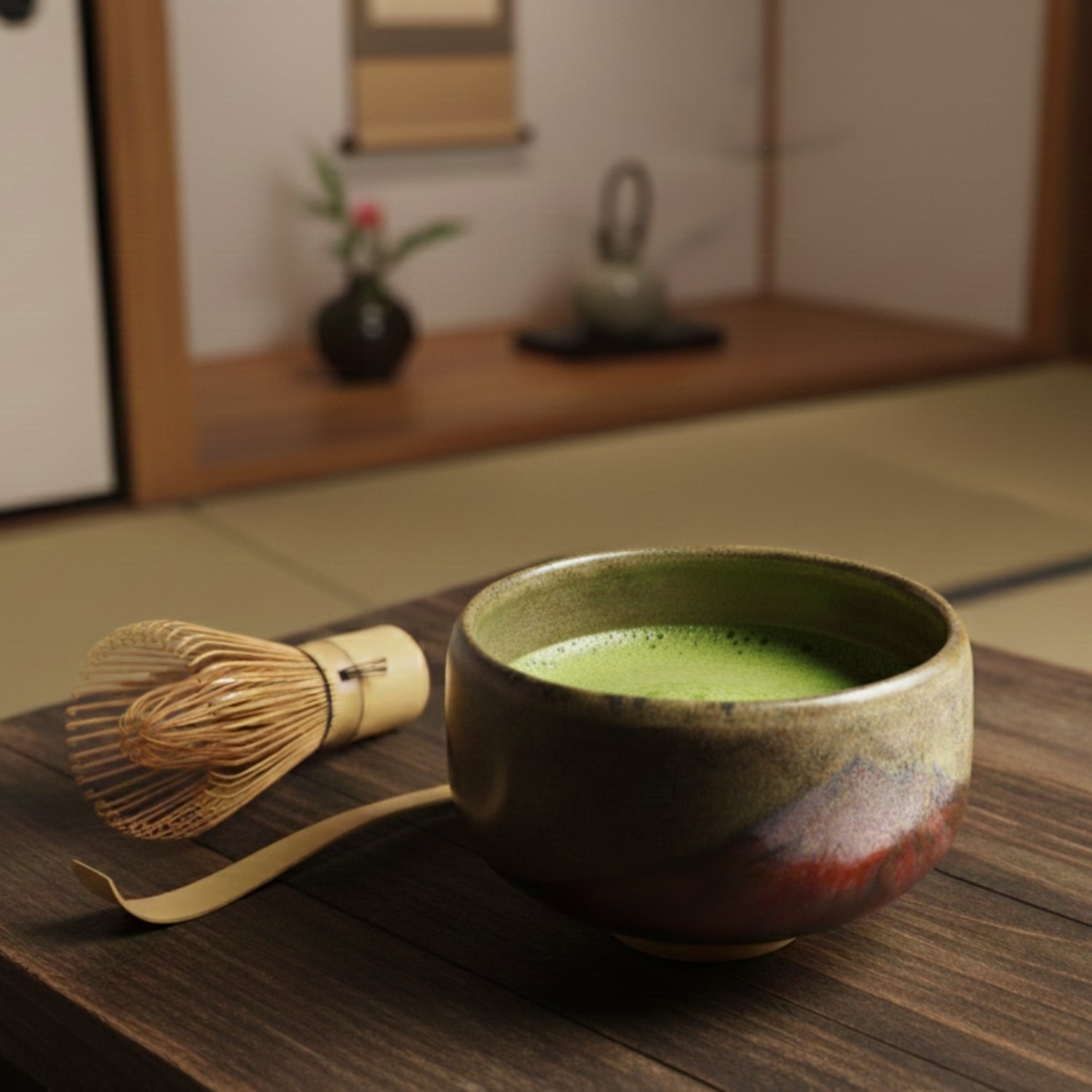 Japanese Matcha bowl with green tea and whisk on a wooden surface. Tsukushi