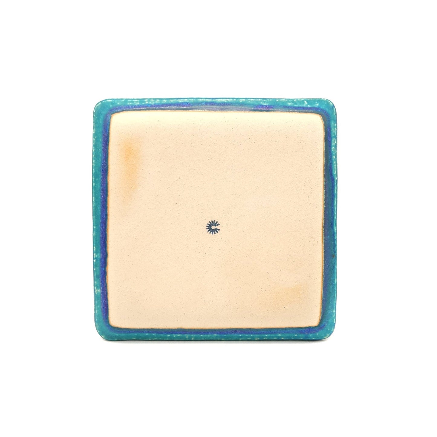 Bottom view of a turquoise Japanese pottery plate measuring 21.5cm (8.5")