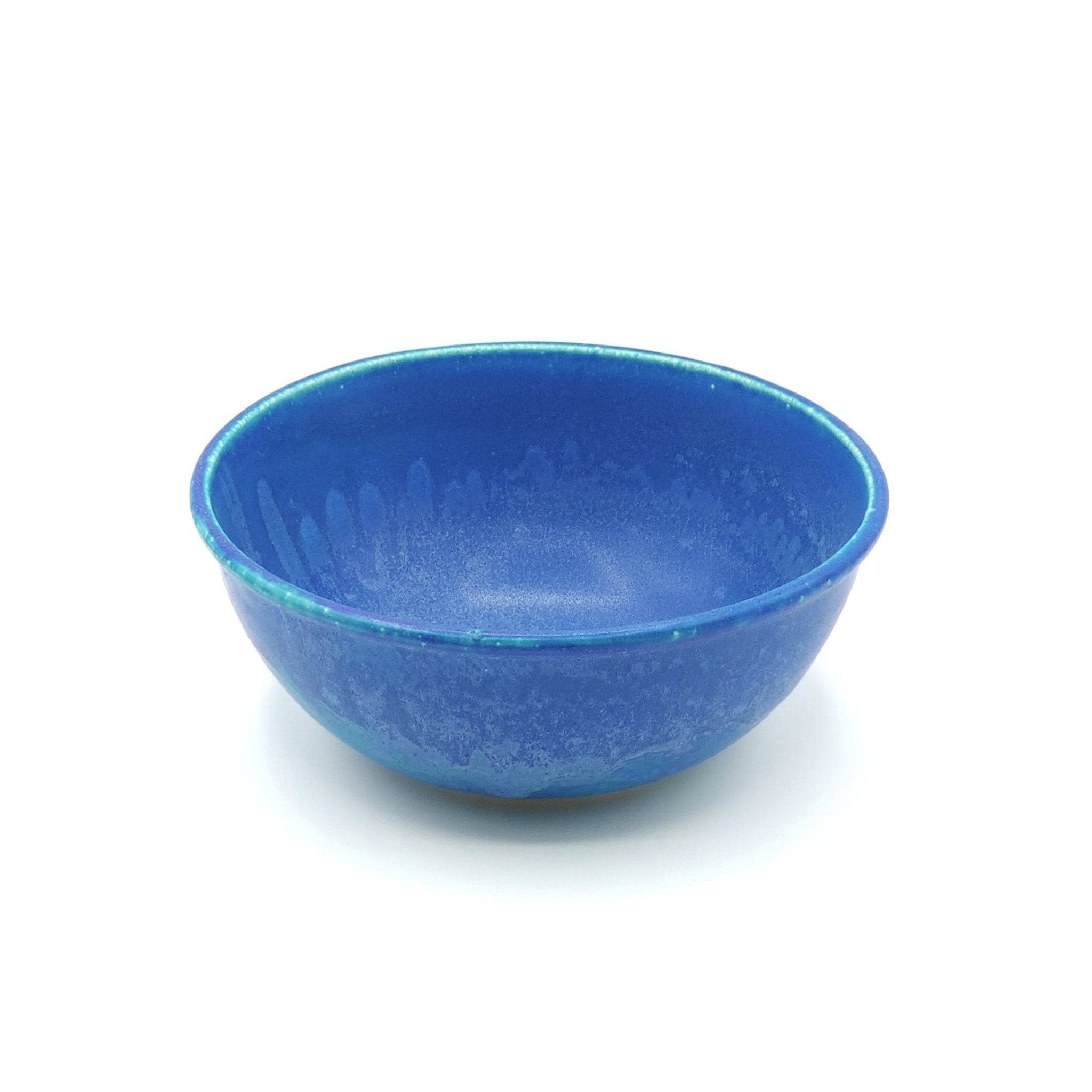 Top front view of a turquoise Japanese pottery serving bowl 2