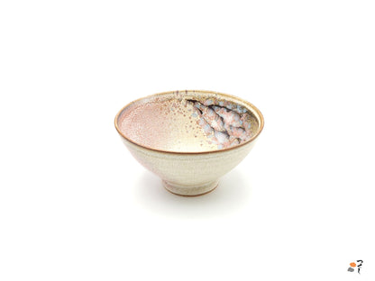 Authentic Japanese pottery bowl with cherry blossoms decoration. Pink and beige color. (side view 4).