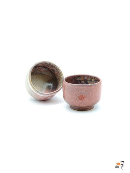 Authentic Japanese pottery teacup with tree pattern decoration. pink color.  (pink and sakura pink pair view 3).