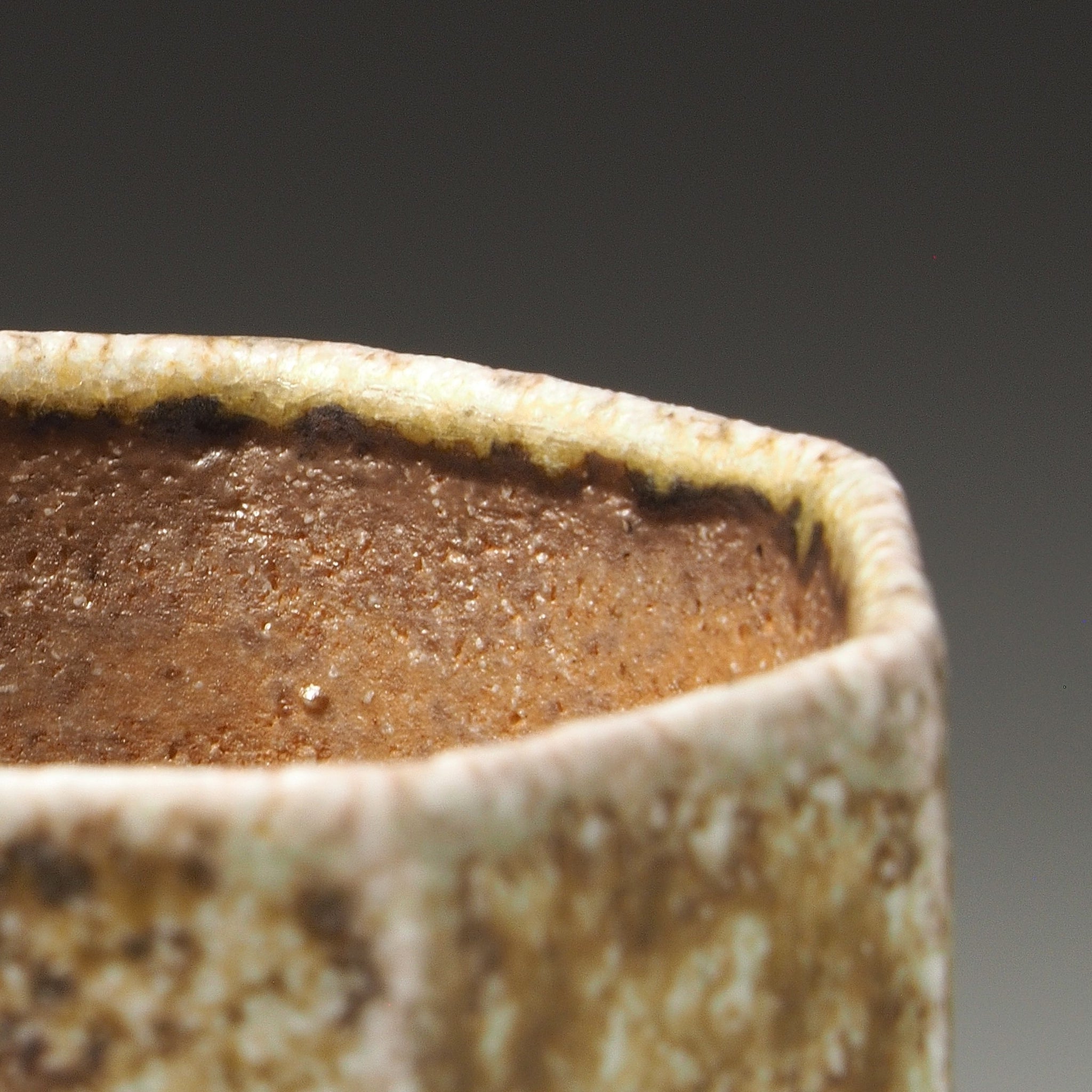 Close-up of a Hachiryō handmade Shigaraki cup showing its irregular octagonal rim, dark brown interior, and mottled beige glaze.