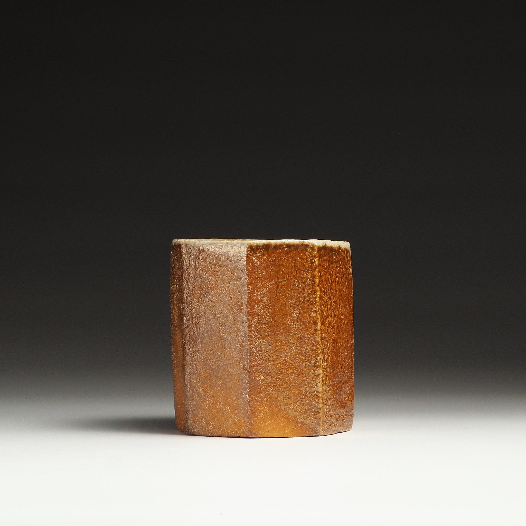 Hachiryō Shigaraki cup showing its octagonal profile and rich orange-brown natural firing tones.