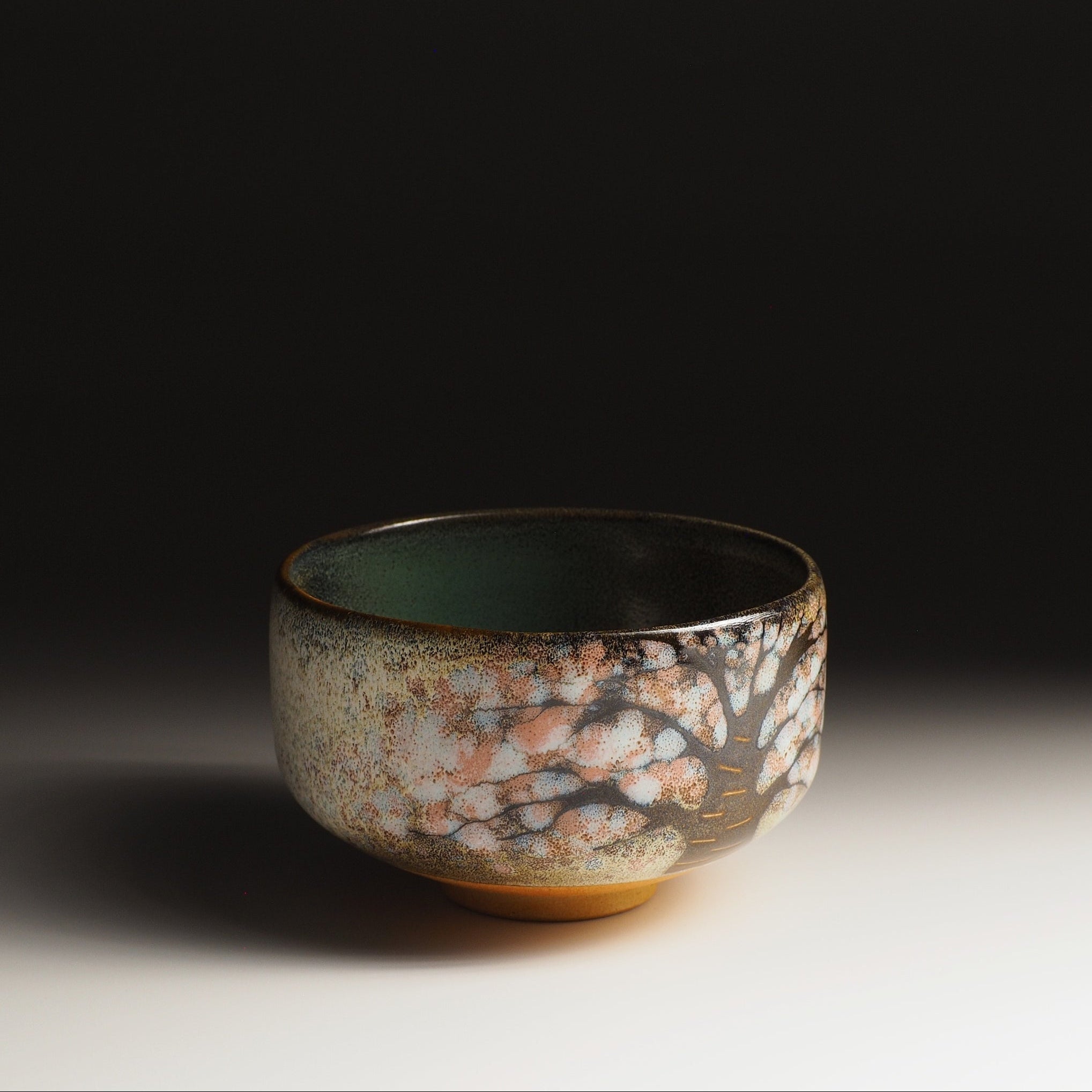 Hanagumo matcha bowl, sakura tree in Nanasai Tenmoku glaze, by Taro Kojima, Nunobiki Kiln Japan
