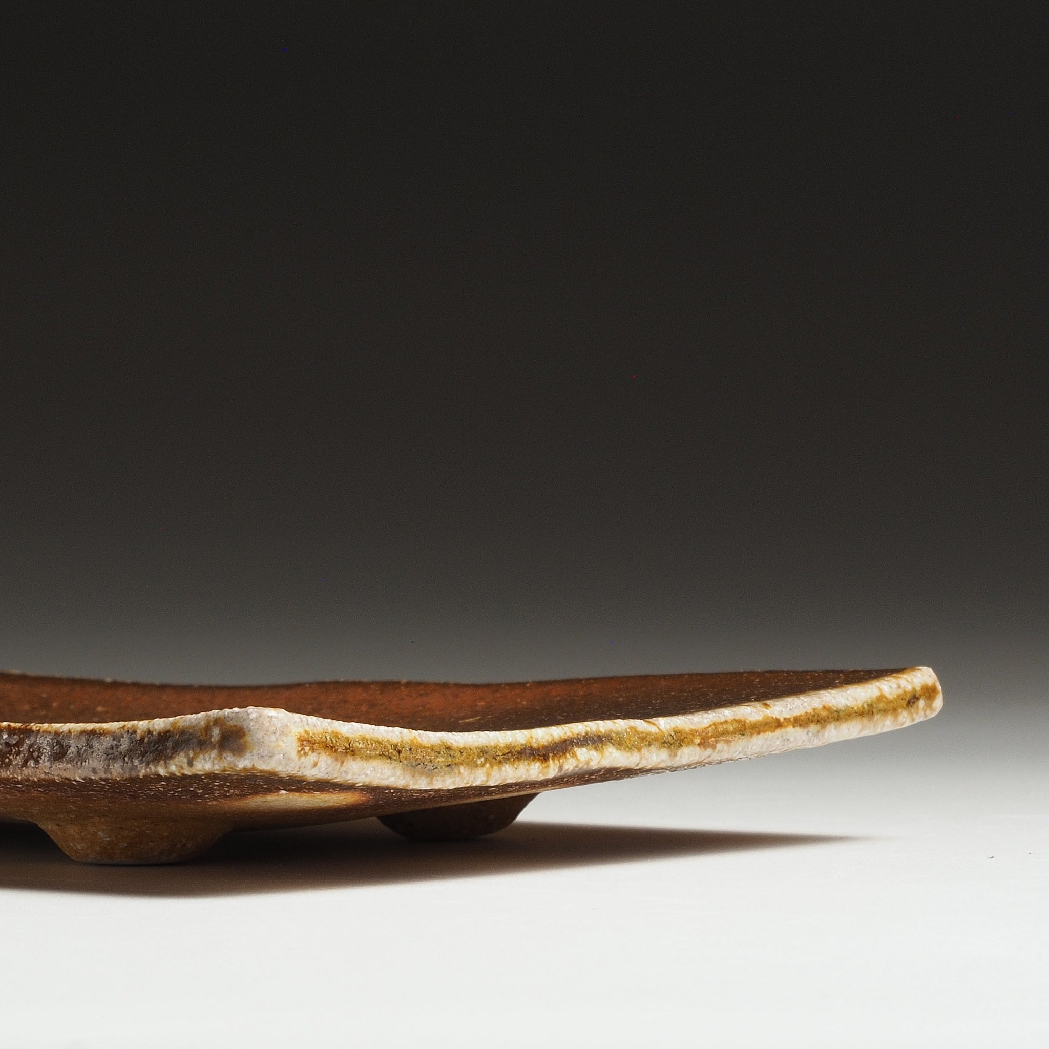 Side view of the Nagafune Shigaraki serving plate showing its tapered edge and gently lifted form.