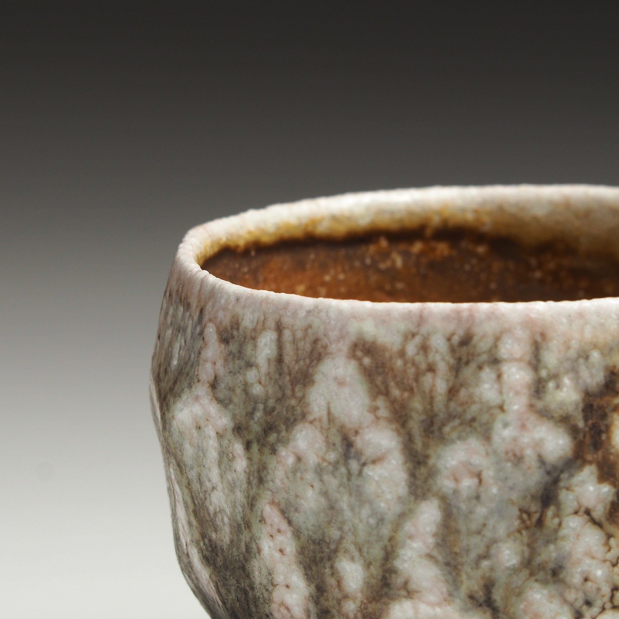 Close-up of a Ryoen Shigaraki yunomi with a textured mottled glaze in beige, gray, and brown tones.