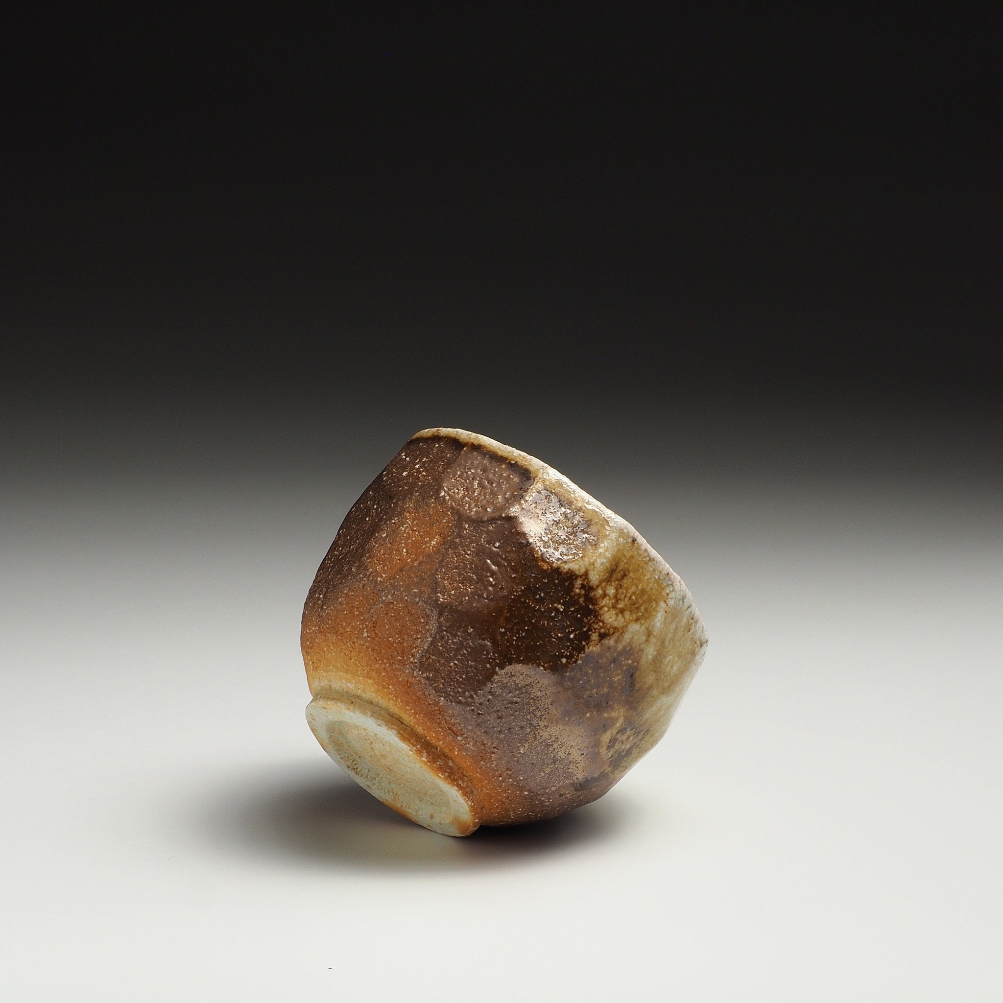 Ryoen Shigaraki yunomi resting on its side, showing the rounded body, mottled glaze, and foot.