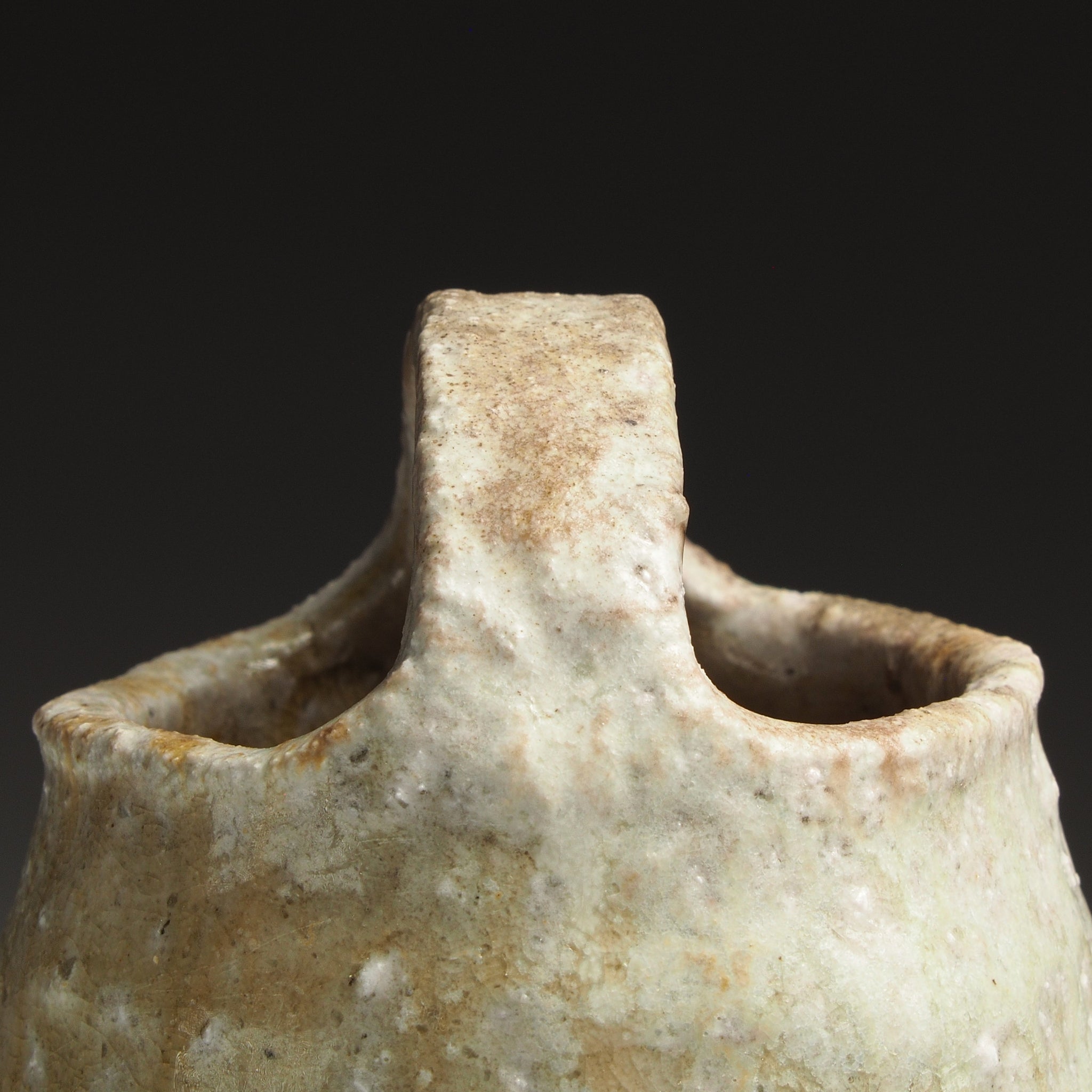 Close-up of the Setsugan Shigaraki flower vase showing the sculpted loop handle and irregular handmade opening.