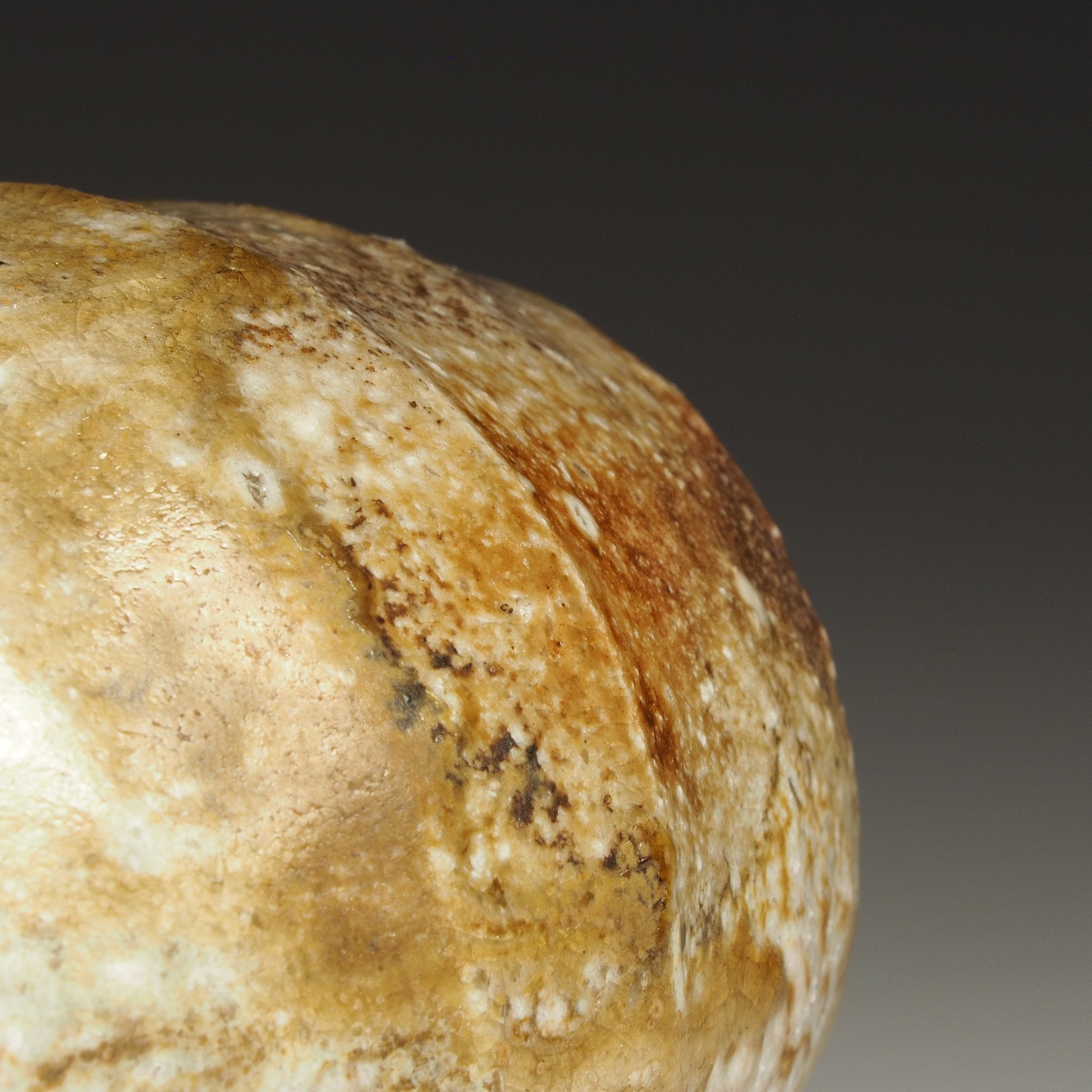 Close-up of the Setsugan handmade Shigaraki vase showing its textured beige, brown, and amber natural ash-fired surface.