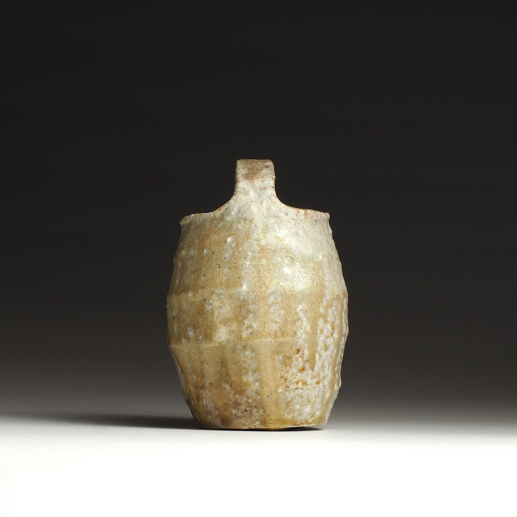 Rear view of the Setsugan Shigaraki flower vase showing the handle profile and amber-brown natural firing surface.