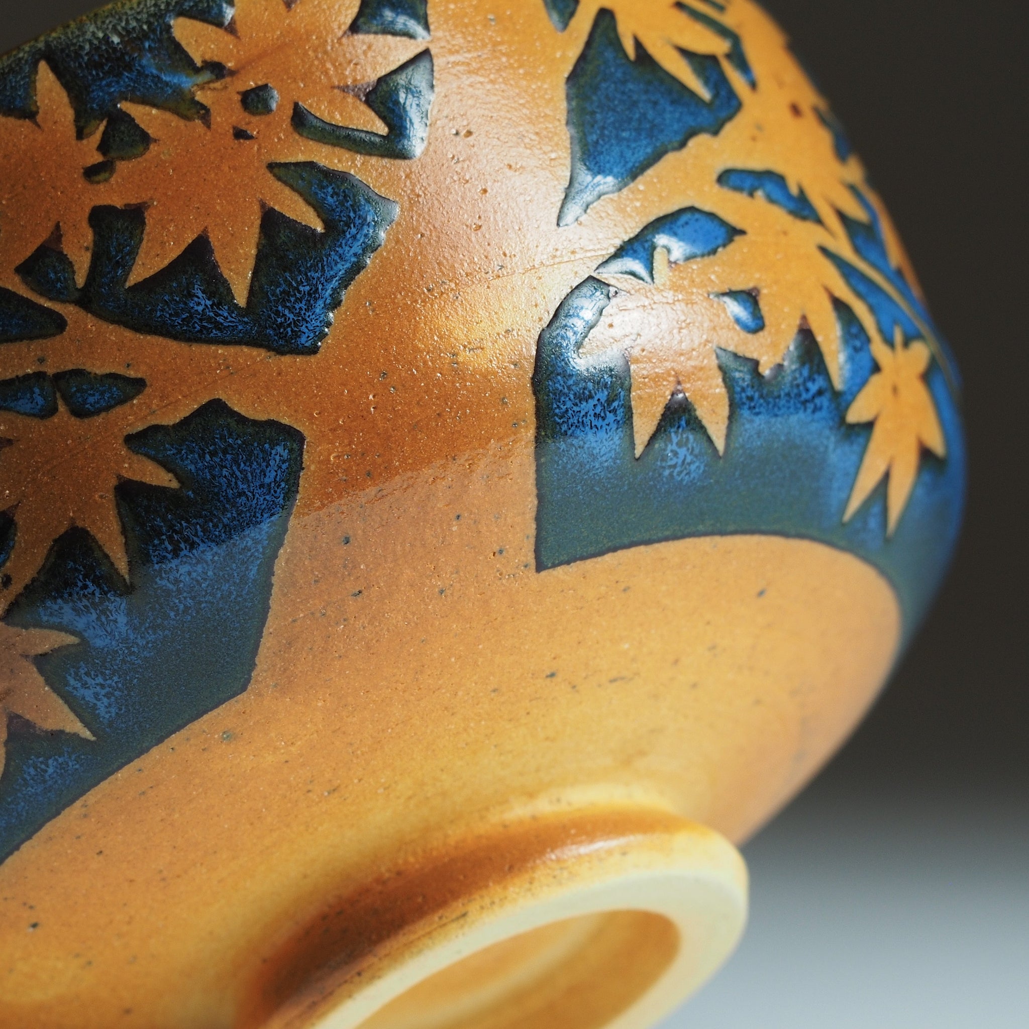 Sōshū matcha bowl, angled view showing momiji tree rising from base