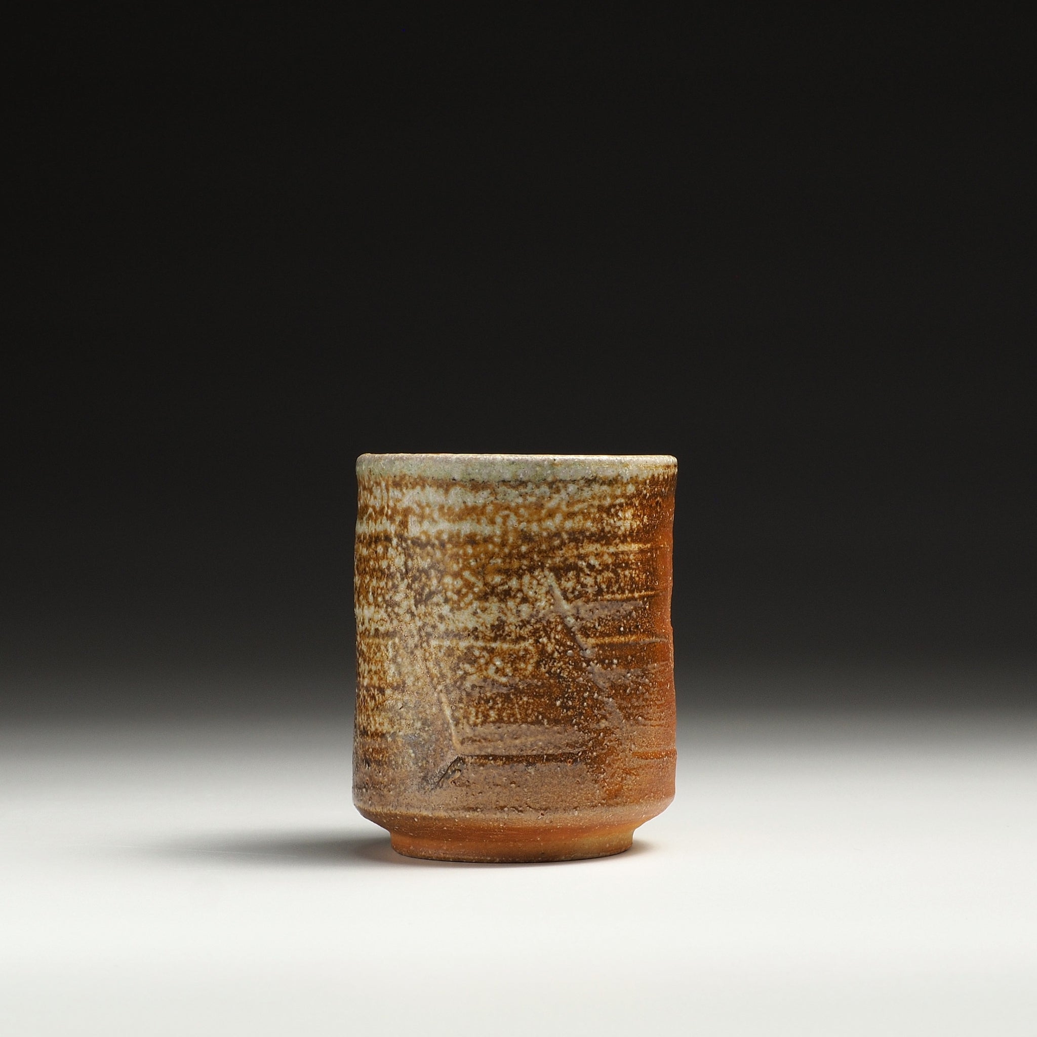 Single Yubae Shigaraki yunomi with a textured beige and brown ash-fired surface.